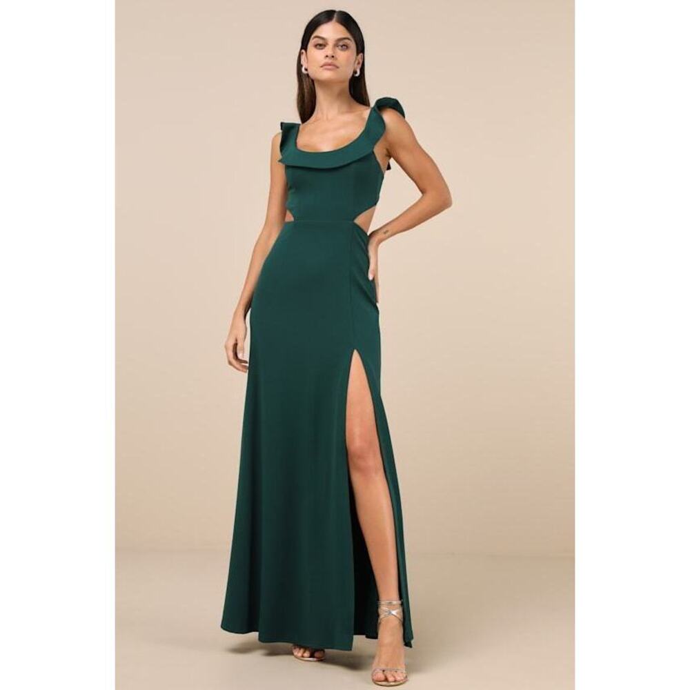 Lulus Captivating Charisma Emerald Ruffled Cutout Tie-back Maxi Dress Green